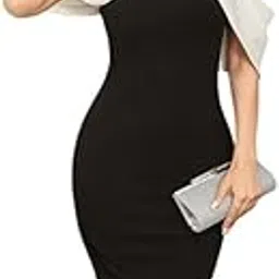 Women's Elegant Halter Neck Bodycon Midi Dress – Cold Shoulder Contrast Cape Overlay Evening Gown-image-0