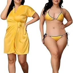 Satin Short Sleeves Solid Robe with Bra Panty Set for Women | Honeymoon Nighty | Romantic Nightwear | Nighties & Nightdresses Lingerie Sleepwear | Honeymoon Special Dress-image-8