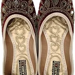 Zariex Women's Traditional Embroidered Velvet Jutti, Red and Gold Peacock Design, Handcrafted Ethnic Ballet Flats with Mirror Work image 1