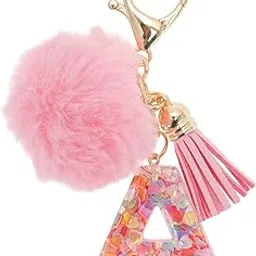 Cute Keychain, Initial Letter Keychain For Girls, Cute Pink Flower Resin Alphabet Keyrings, Sequins Flower Bag Charm Pendants-image-1