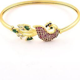 zaveri pearls Pink & Green Cubic Zirconia Peacock Inspired Bangle Style Brass Kada For Women-ZPFK10390-picture-13