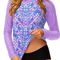 Women UPF 50+ Rash Guard Printed Swim Shirts Surf Swimwear Top, Scale Purple, XX-Large-image-66