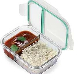 Oliveware Elite Natural Glassware Bento Lunch Box Microwave Safe with 2 Compartment Set |Safety Lock Airtight Containers (600 ml)-picture-51