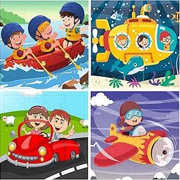 Fiddlys Fiddly's 16-Piece Wooden Jigsaw Puzzles for Kids Ages 3+, Double Layered Wooden Puzzles with Bright Front & Back Print (Vehicles World Pack of 4) image 1