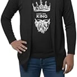 dublly Mens Black Open Shrug with White King Crown Beard Print ? Trendy Royal Graphic Outfit-picture-49