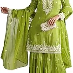 fabric heaven Women’s Chinon Embroidered Kurta with Sharara & Dupatta Set Elegant Thread Work Ethnic Outfit for Occasions-picture-19