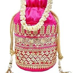 byra Heavy Golden Lace Silk Bridal Cylinder Potli Bag for Women with Pearl Handle and Tassels-picture-36