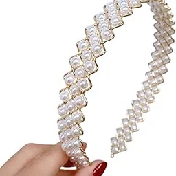 s.a.v.i Gold Plated Pearl Headband for Women & Girls | 14cm Elegant White Faux Pearl Hairband | Stylish Zigzag Metal Design | Party, Wedding, Ethnic Hair Accessory-picture-24