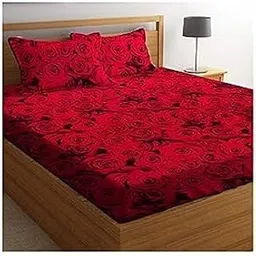DECORUM 3 D Polycotton Queen Size Bedsheet 90 X 90 Inch with 2 Pillow Cover (Red Rose)-picture-66