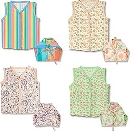 Muslin Printed Jhabla and Nappy Set 100% GOTS Certified Organic Cotton | Sleeveless Button Vest | Jhabla and Langot for Baby | Pack of 4| Kids Summer Wear Set-image-23