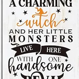 Halloween Decor Sign, Halloween Wall Art, Decorative Hanging Wood Plaque for Wall, Cute Halloween Sign Decor, Home Decor, A Charming Witch and Her Little Monsters Live Here With One Handsome Devil image 1
