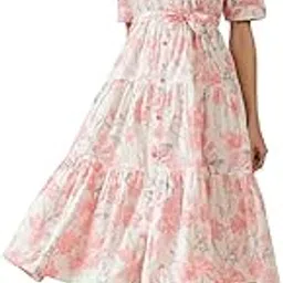 sheetal associates Women’s Pink & White Floral Printed Fit and Flare Midi Dress|Shirt Collar & Short Sleeves|Tiered Hem Design|Soft and Breathable Fabric-picture-11