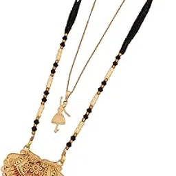 Women's Gold Plated Floral Motif Mangalsutra with Red and Green Enamel Accents and Ballerina Pendant Layered Necklace Set, Traditional Black Beaded Wedding Jewelry-MD-029-image-56