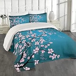 Ambesonne Japanese Coverlet, Spring Season Sakura Bloom Design with Blue Toned Ombre Background, 3 Piece Decorative Quilted Bedspread Set with 2 Pillow Shams, Queen Size, Blue Pink-picture-13