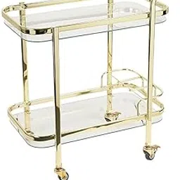 BLOOMERY Luxury 2-Tier Gold Bar Cart with Glass Shelves – Serving Trolley with Wheels for Home, Kitchen, Dining & Parties (Golden 2)-picture-15