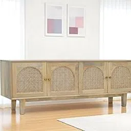 TGF Furniture Store Modern Rattan Sideboard Cabinet with 4 Arched Doors – Natural Wood Finish Storage Console – Cane Webbing Buffet for Living Room or Entryway-picture-16