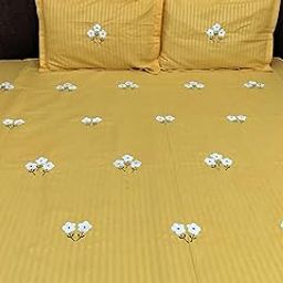 generic King Size Bedsheet with White Floral Patchwork and Embroidery, 300 Thread Count, 2 Pillow Covers, Yellow-picture-41