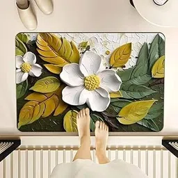 3D Flower Print Bath Mat – Non-Slip Water Absorbent Rug for Bathroom, Kitchen, Front Door, Living Room – Durable Soft Polyester, Quick-Dry, 58x38 cm (Green with White, Medium, Rectangular, Floral)-image-28