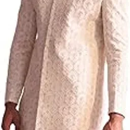 vastramay Men's Cream Georgette Sherwani - Sequins Embroidered Indo Western For Men-picture-14