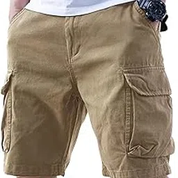 gorglitter Men's Elastic Waist Wide Leg Cargo Shorts Flap Pocket Loose Streetwear Short Pants, Khaki, S-picture-26