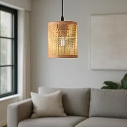 Ikari Homes Rattan Pendant Light, Cylindrical Woven Shade, Natural Indonesian Rattan I Boho Hanging Ceiling Hanging Light I Indoor & Outdoor Hanging Lamp I (Bulb not Included) (Rattan Square Mesh) image 1