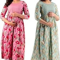 mangla kurti Women's Cotton Printed Maternity Gown Feeding Nighty A-line Maternity Dress Kurti Gown for Women (Po2-Gown-004)-picture-18