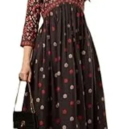 Women's Floral Print Cotton Anarkali Dress, V-Neck, 3/4 Sleeves, Black with Red-picture-25