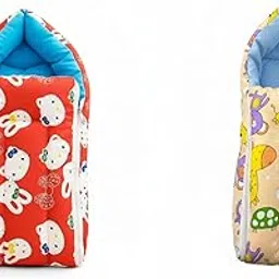 QOC 3-in-1 Baby Sleeping Bag & Carry Nest Combo | Unisex Bedding Set for Newborns 0-3 Months | Kitty Print (Red) & Animal Print (Peach)-picture-24