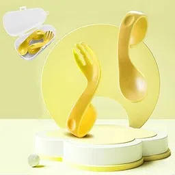 Babymoon Learn to Eat Baby Self Feeding Set | Silicone Spoon and Fork Along with Storage Box | Yellow-picture-61