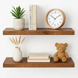 Flexhome Wooden Wall Shelves Set of 2, Floating Wall Mounted Storage Shelf for Bedroom, Living Room, Bathroom, Kitchen – Home Decor, Natural Wood Finish, Planks, Book Slabs, Rack-image-32