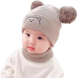 Baby Boys Girls Winter Knit Cap Hat with Neck Scarf Skull Beanie Stylish Acrylic Lycra Pom Pom Woolen Unisex Kids Capset (6 Month - 3 Yrs)-image-22