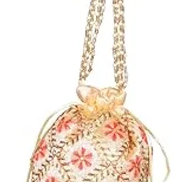 sunvika house Pearl Handle Vintage Floral Knitted Drawstring Potli Bag,Golden With Multicolour Pattern, Casual Style,Evening Wedding Party Festival Purse-picture-33
