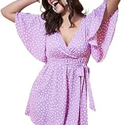 berrylush Women Abstract Printed V-Neck Flutter Sleeves Tie-Up Waist Curved Hem Fit & Flare Mini Jumpsuit image 1