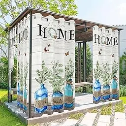 Outdoor Curtain for Patio Waterproof, Rustic Farmhouse Eucalyptus Leaves Beige Wood Grain Outside Curtains with Grommet Top Curtain Panels Drapes for Pergola, Gazebo, Balcony 54"W x 84"L 1 Pcs-picture-16