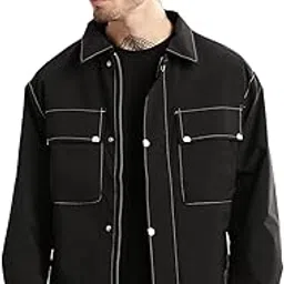 SHOWOFF Men's Spread Collar Black Solid Tailored Oversized Jacket-S2809_Black-image-10