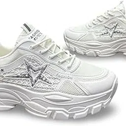 n p style Fashion Star Chunky Sneakers, White Mesh Platform Trainers with Glitter Detail-picture-40