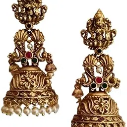 dvina glow Traditional Lakshmi Matte Finish Jhumka Earrings with Pearl Beads | Stylish Antique Gold-Plated Temple Jewelry for Women & Girls | Latest Ethnic Indian Design for Weddings, Parties & Gifts-picture-10