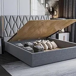 Acacia Modern Upholstered King Size Bed with Hydraulic Storage for Bedroom | Wooden Furniture Double Beds for Home & Hotels | Platform Cot Bed with Upholstery Fabric, 6.5 x 6 Ft, Sheesham Wood, Grey-image-72
