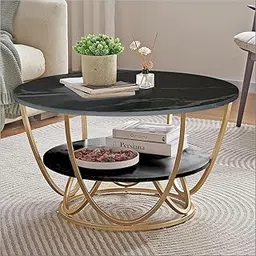 EDEUEQUE Round Coffee Table Modern Sofa Side Table for Living Room End Table Telephone Table with 2 Shelf Storage Wooden Tabletop-Marble Black Print with Gold Frame.-image-35