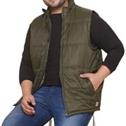 JOHN PRIDE Plus Size Men's Solid Sleeveless Mock Collar Olive Padded Jacket for Men-picture-34