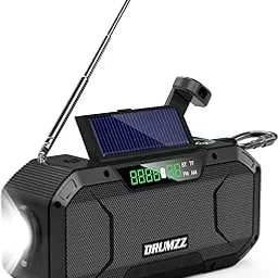 DRUMZZ Trek 400-Hand Crank Radio Bluetooth Speaker, IPX5, Solar Charging, Flashlight, Reading Lamp, 5000mAH Battery, Cell Phone Charger, SOS Alarm, Compass, LED Display, Drop & Dust Proof.(Black)-image-1