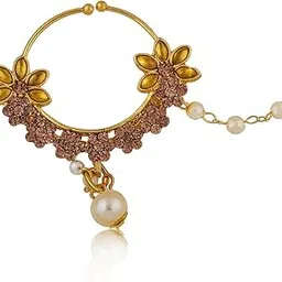 cz stone Bridal Gold Plated Floral Nose Pin with Cubic Zirconia Stones and Beads Chain-picture-19