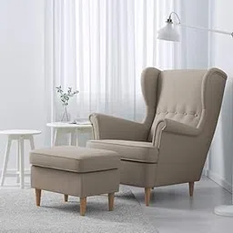 NATURE WOOD DECOR High Back Fully Cushioned Lounge Chair with Designer Back and Arm Rest Fabric Living Room Chair with Stool (Beige)-image-5