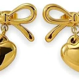 nextcart Gold Bow Heart Earrings Set For Women & Girls | Korean Drop Dangle Studs | Anti-Tarnish Lightweight Stainless Steel Waterproof Minimalist Earrings-picture-33