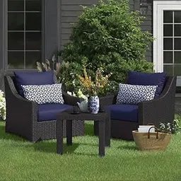 LOCCUS 3 Piece Patio Outdoor Waterproof Furniture Set with Coffee Table Made of Rattan Wicker for Garden, Balcony, Lawn, Deck, Backyard, Terrace, Poolside Area (Dark Brown and Navy Blue)-picture-15