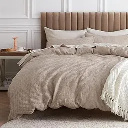 The Tangerine Store 3-Piece Pure Cotton Duvet Cover Set (88x90 in) - Natural Beige Queen Duvet Cover Set with Standard Shams - Pre-Washed, Handmade - Chic Home Decor-image-4