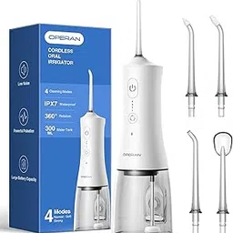 Operan Water Flossers for Teeth Cleaning Upgraded 300ml Cordless Water Dental Flossers Rechargeable Oral Irrigator with 4 Modes 4 Jet Tips IPX7 Waterproof Water Floss for Home Travel (White)+1Pack-picture-10