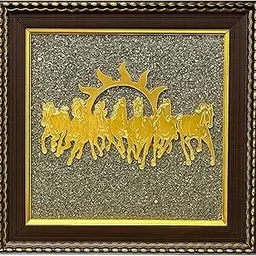 Pyrite Stone Frame with Vastu Seven Running Horses to Attract Money, Protection and Chakra Healing - Wooden Photo Frame Wall Decor Items for Living Room with Original Pyrite Dust for Money Success-picture-19