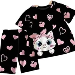 Kid Girls Cat Printed Cotton Blend Top & Bottom Clothing Set-image-35