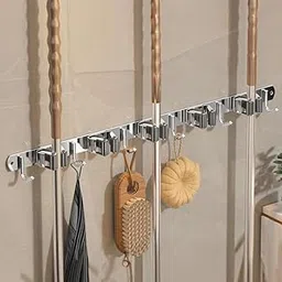 INDIANCODES Wall-Mounted Broom and Mop Holder Multi-Purpose Stainless Steel Storage Rack and Broom stick Hanger Stand for Kitchen | Bathroom | Garden and Garage (5 Slots 6 Hooks)-picture-39